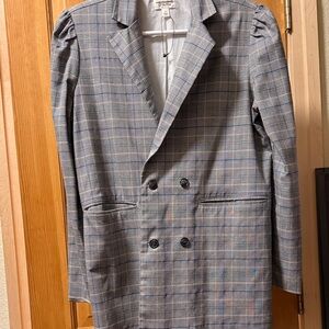 Classic Gray Plaid Double-Breasted Blazer